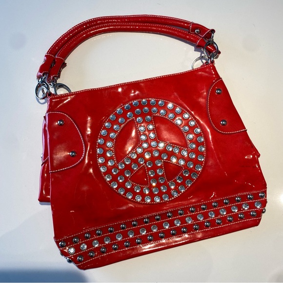 🛍️ 4 for 20$ / Vintage Peace Logo Rhinestone Glossy Faux Leather Handbag - Picture 12 of 16